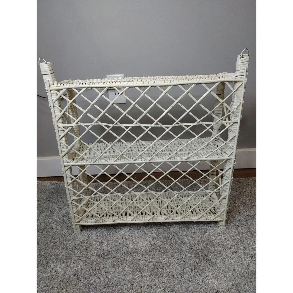 Vintage White Wicker Shelf MCM Cottagecore Hanging Rattan Three Tier Wall Shelf